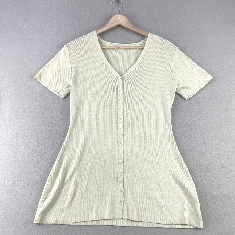 SHEIN Ribbed Sweater Knit Top Women M Beige Casual V-Neck Short Sleeve